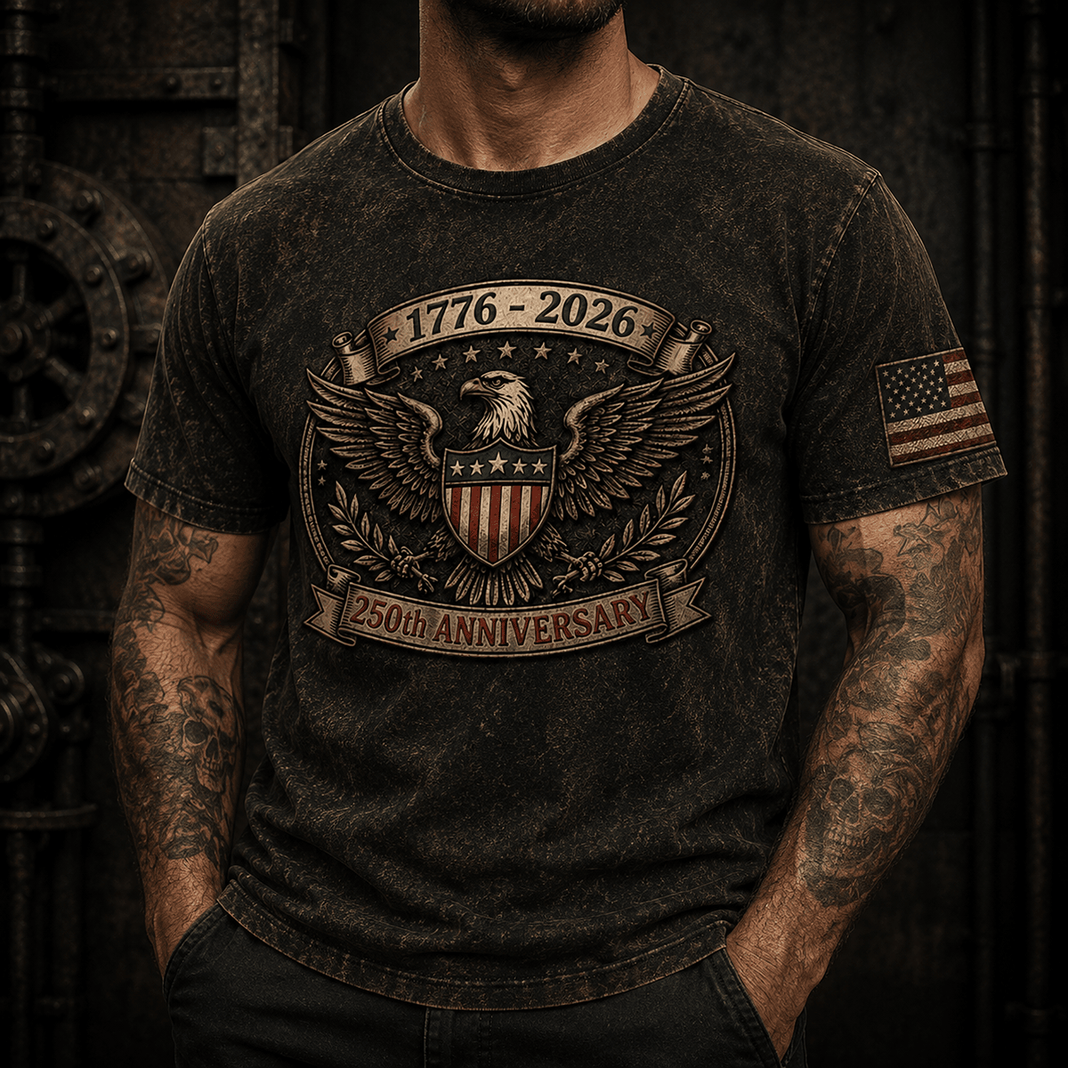 1776 2026 250th Anniversary Eagle Printed T Shirt Patriotic Gift for Men America 250 Years Independence Day Dad Veteran Gift