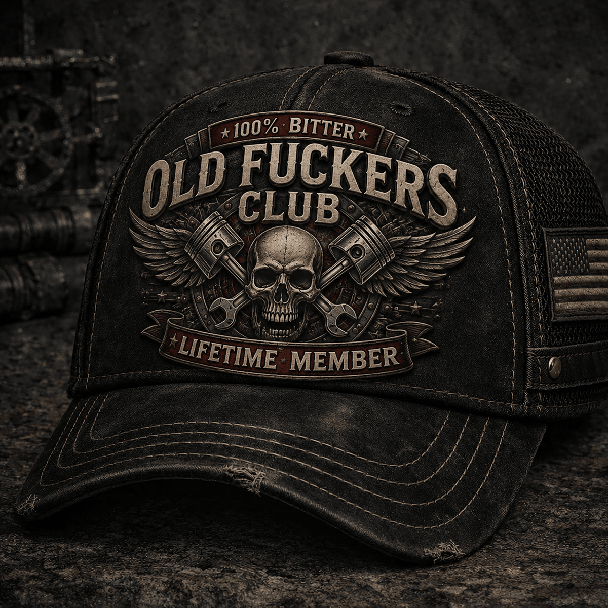 Old Fuckers Club Lifetime Member Printed Vintage Cap Skull Piston Mechanic Gift for Dad Grandpa Biker Trucker Patriotic Hat