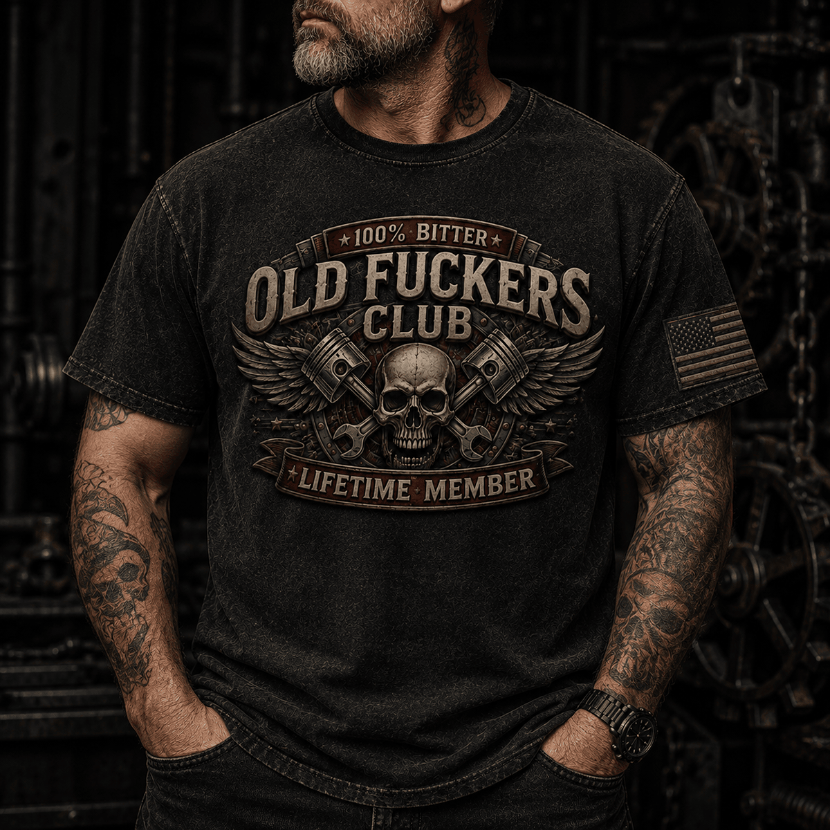 Old Fuckers Club Lifetime Member Printed T Shirt Skull Piston Mechanic Gift for Dad Grandpa Biker Trucker Patriotic