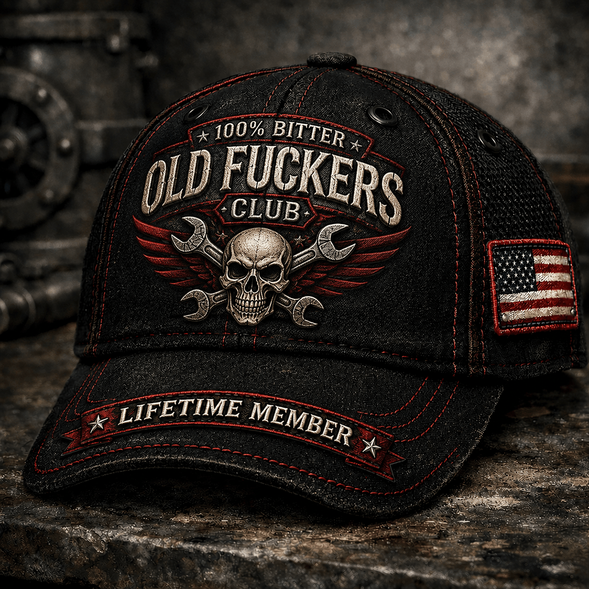 Old Fuckers Club Lifetime Member Printed Mechanic Trucker Cap Skull Wrench Biker Gift for Dad Grandpa Motorcycle Enthusiast