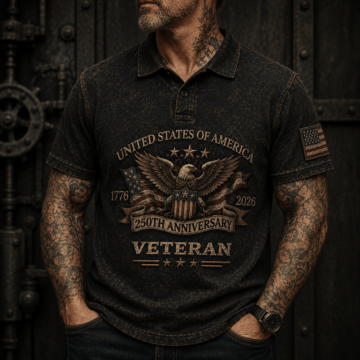 United States of America 250th Anniversary 1776–2026 Veteran Printed Polo Shirt Patriotic Eagle American Flag Independence Day Gift