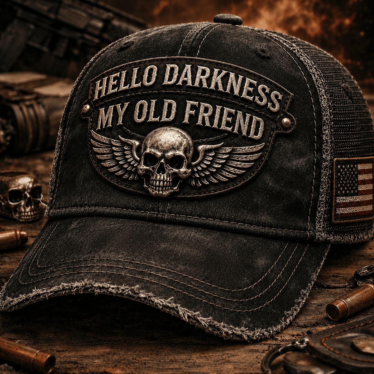 Hello Darkness My Old Friend Printed Trucker Cap Skull Wing Patriotic Hat Vintage Gothic Gift for Dad Biker Rock Motorcycle Lovers