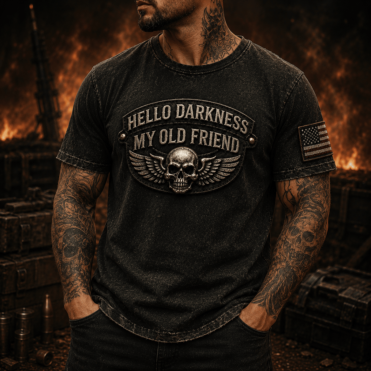 Hello Darkness My Old Friend Printed T Shirt Skull Wing Gothic Graphic Patriotic Gift for Dad Biker Motorcycle Rider Vintage Style
