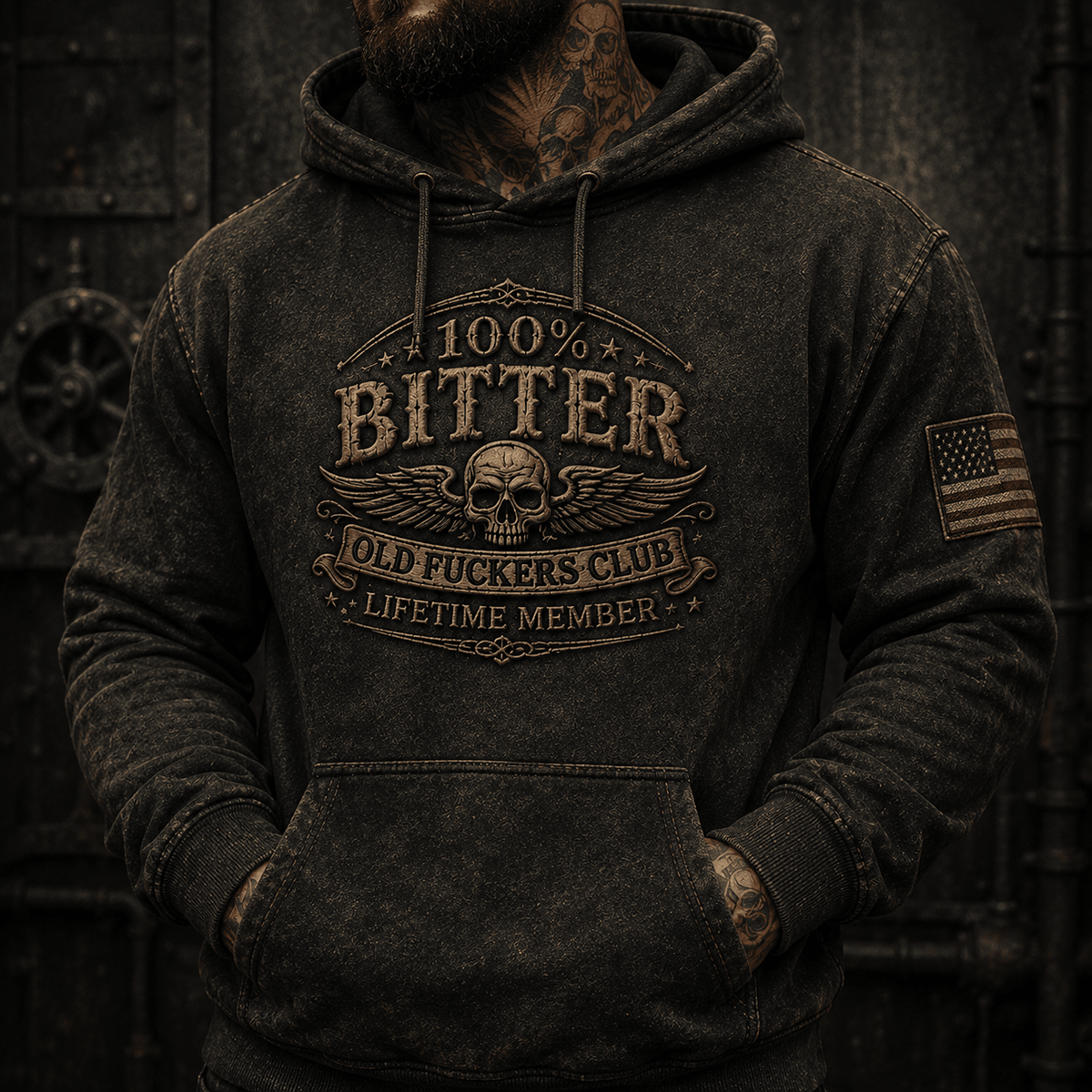 Bitter Old Fuckers Club Lifetime Member Printed Hoodie Skull Vintage Gift for Dad Grandpa Biker Motorcycle Rider Patriotic