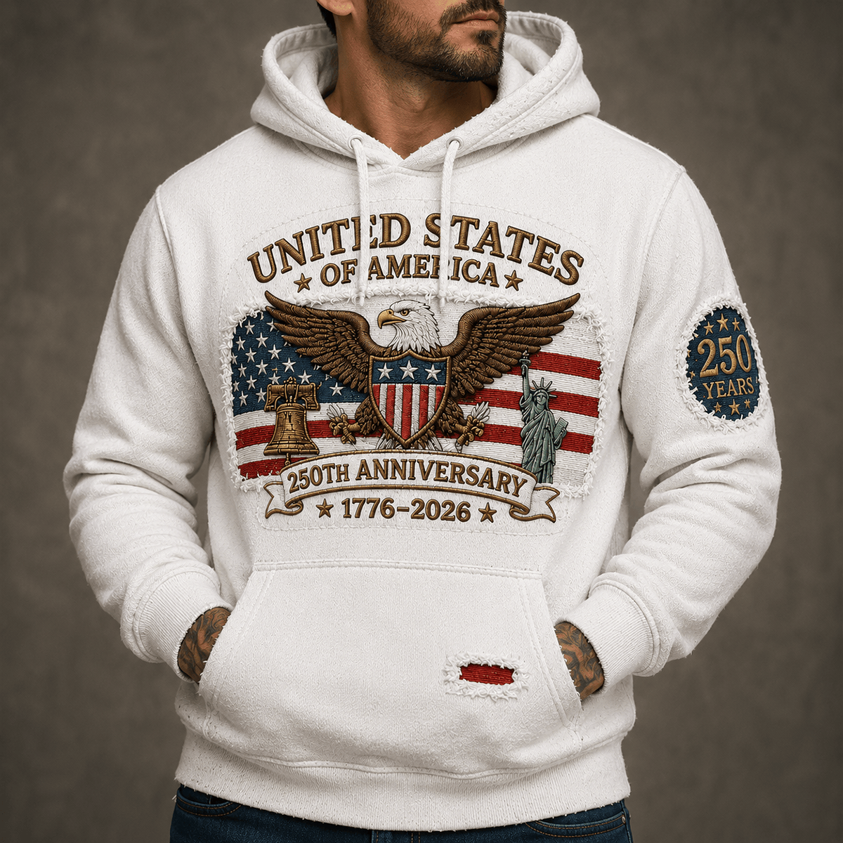 United States of America 250th Anniversary 1776-2026 Printed Hoodie Patriotic Eagle American Flag Independence Day Gift for Veteran