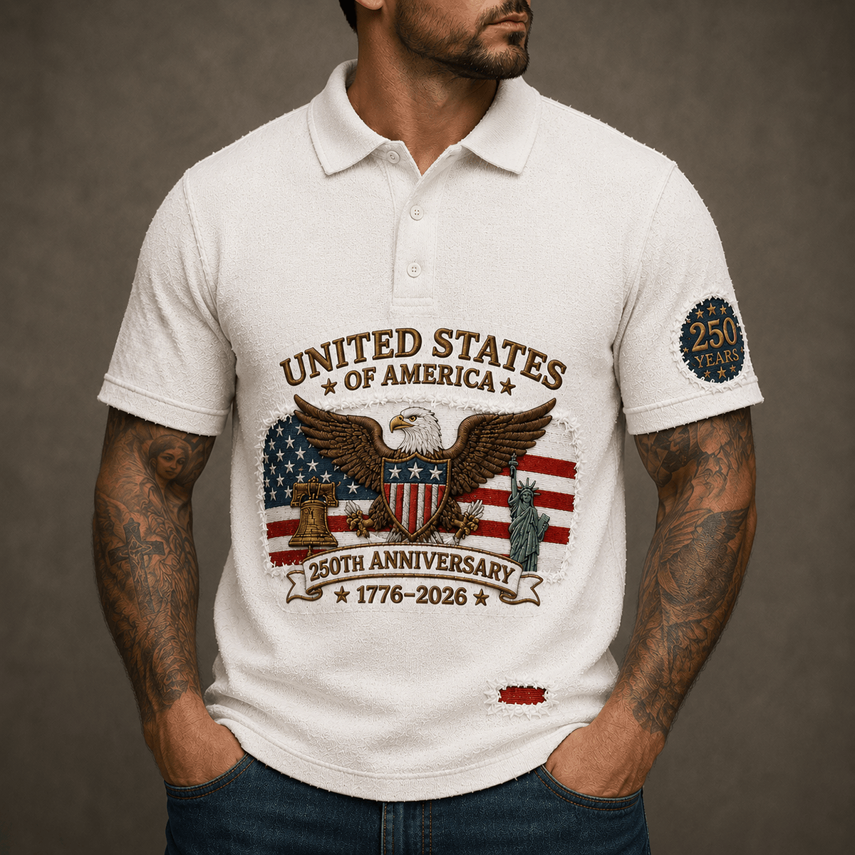 United States of America 250th Anniversary 1776-2026 Printed Polo Shirt Patriotic Eagle American Flag Gift for Veteran Dad