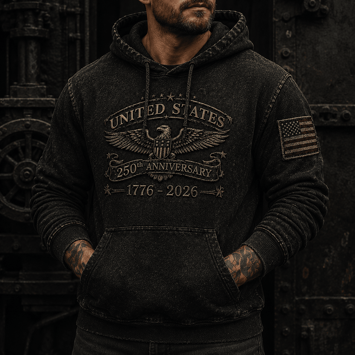 United States 250th Anniversary 1776-2026 Printed Hoodie Patriotic Eagle American Flag Independence Day Veteran Gift for Men