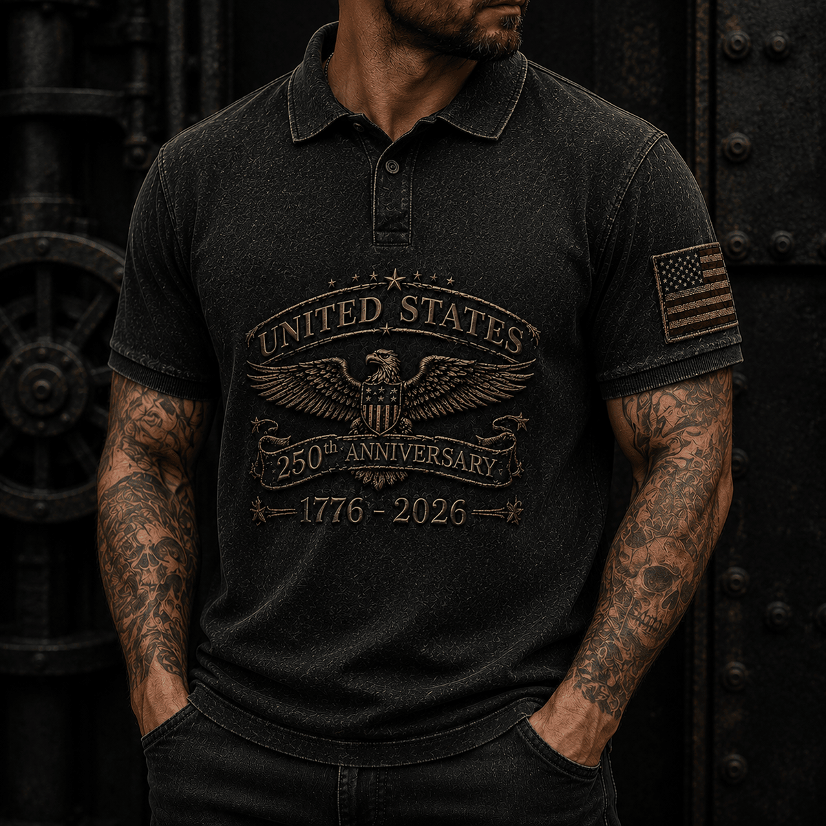 United States 250th Anniversary 1776-2026 Printed Polo Shirt Patriotic Eagle American Flag Veteran Gift Independence Day