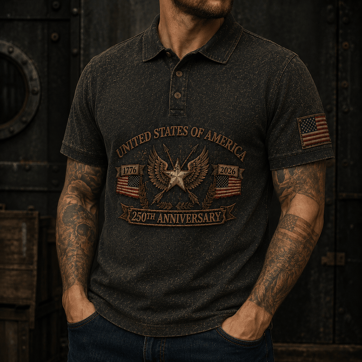 United States of America 250th Anniversary 1776-2026 Printed Polo Shirt Patriotic Eagle American Flag Veteran Gift