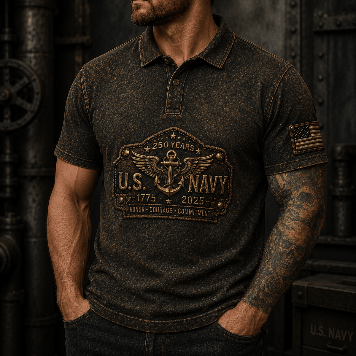 U.S. Navy 250th Anniversary 1775-2025 Printed Polo Shirt - Veteran Patriotic Military Gift