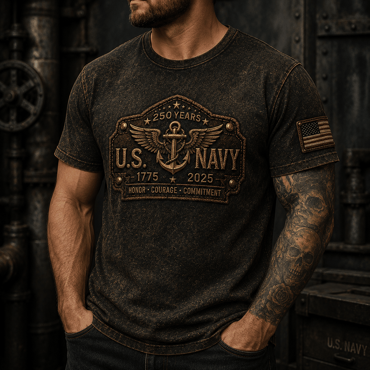 U.S. Navy 250th Anniversary 1775-2025 Printed Veteran T-Shirt - Patriotic Military Gift for Men