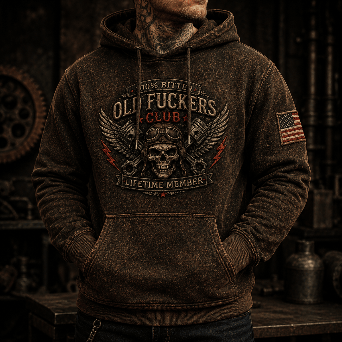 Old Fuckers Club Lifetime Member Printed Hoodie Skull Biker Gift for Dad Grandpa Motorcycle Rider Vintage Style