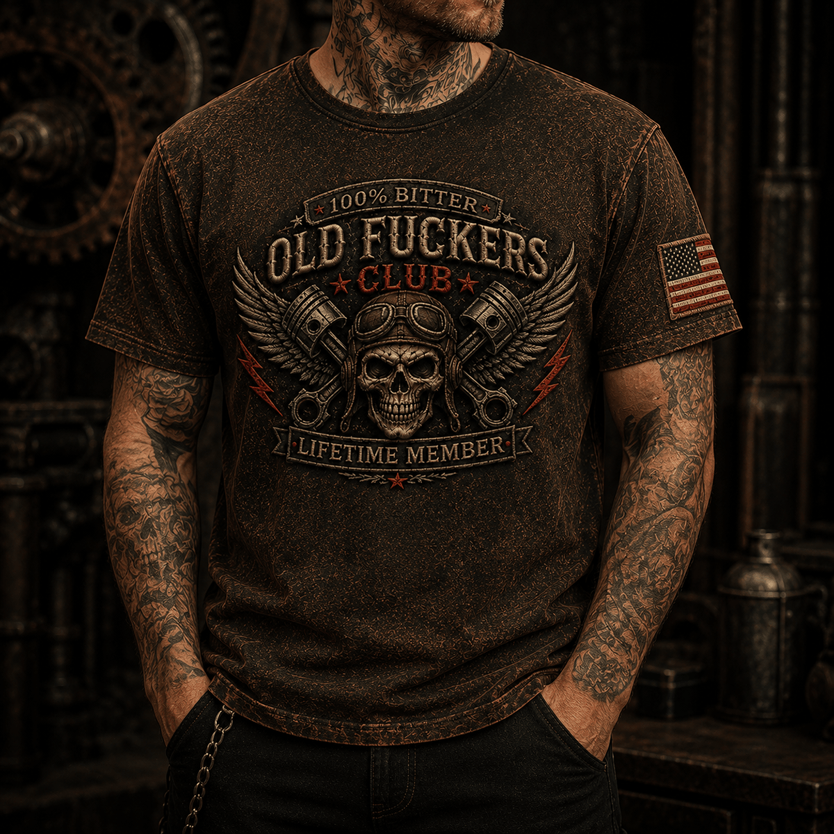 Old Fuckers Club Lifetime Member Printed T Shirt Skull Biker Tee Patriotic Gift for Dad Grandpa Motorcycle Enthusiast