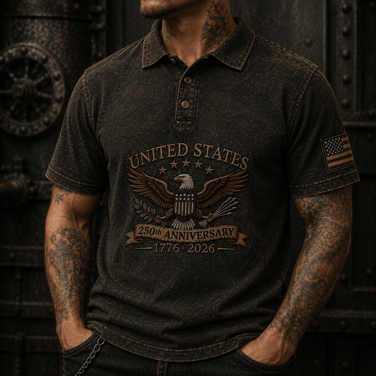 United States 250th Anniversary 1776 2026 Printed Polo Shirt American Eagle Patriotic USA Freedom Gift for Men