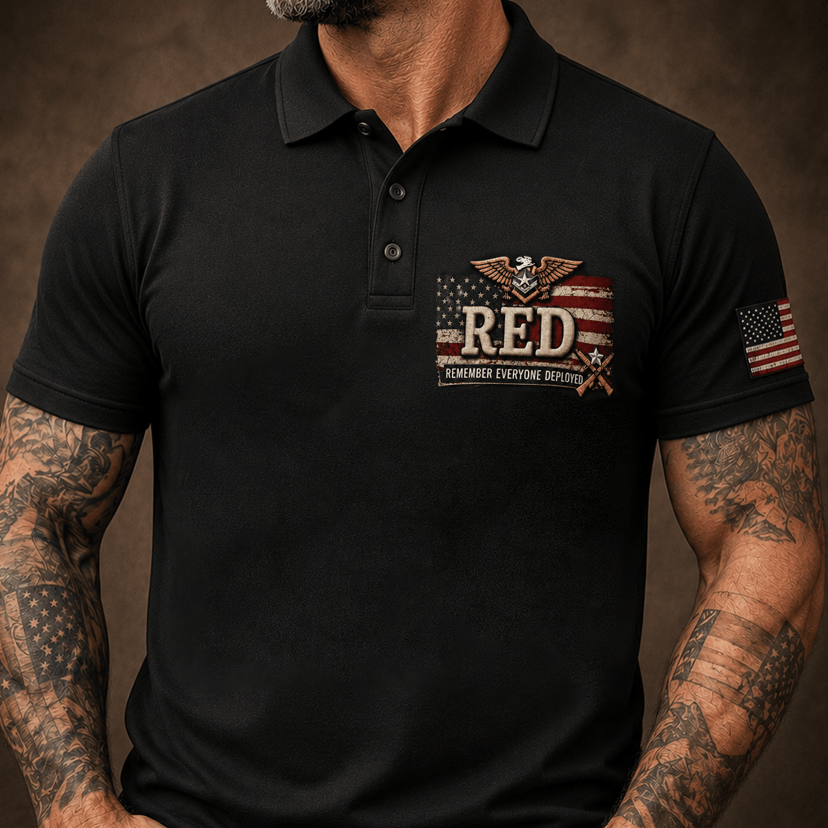 Red Remember Everyone Deployed Printed Polo Shirt Patriotic American Flag Military Veteran Support Gift for Men