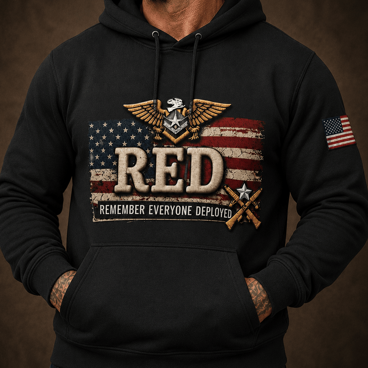 Red Remember Everyone Deployed Printed Hoodie Patriotic American Flag Military Veteran Support Gift for Men