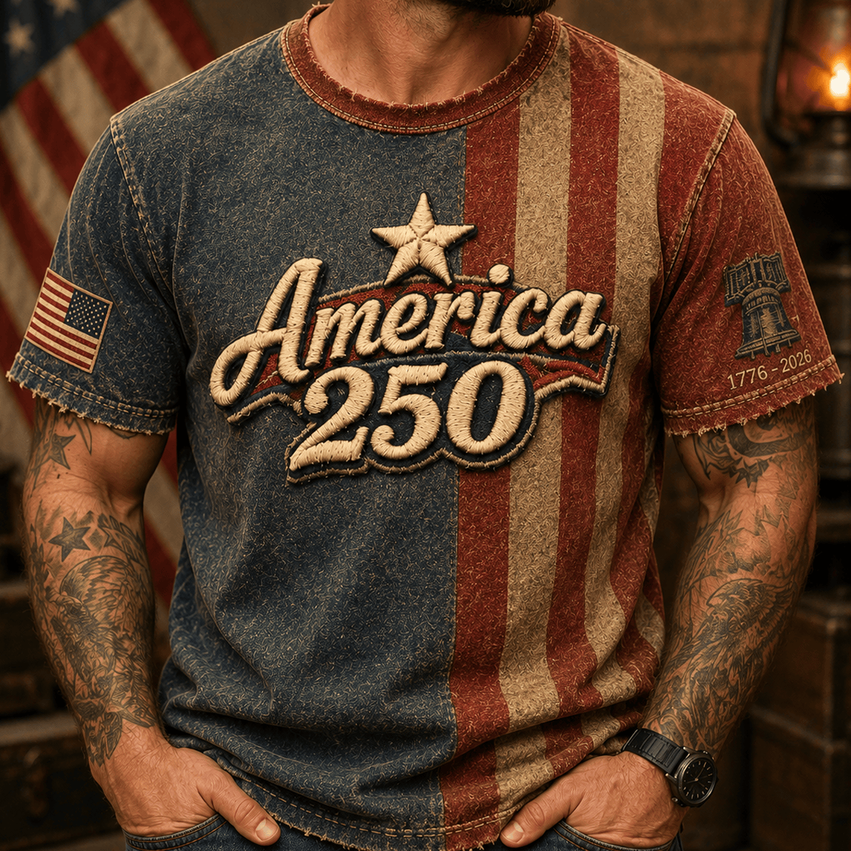 America 250 Printed T Shirt Patriotic USA 1776 2026 Anniversary American Flag Independence Day Gift for Men