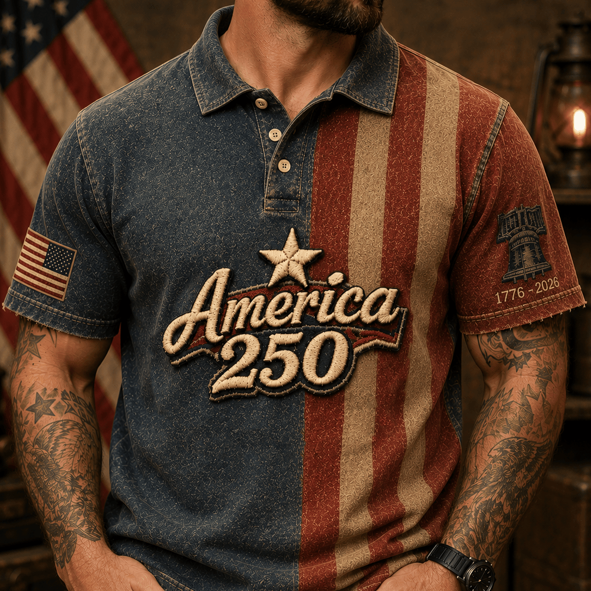 America 250 Printed Polo Shirt Patriotic USA 1776 2026 Anniversary American Flag Independence Day Gift for Men