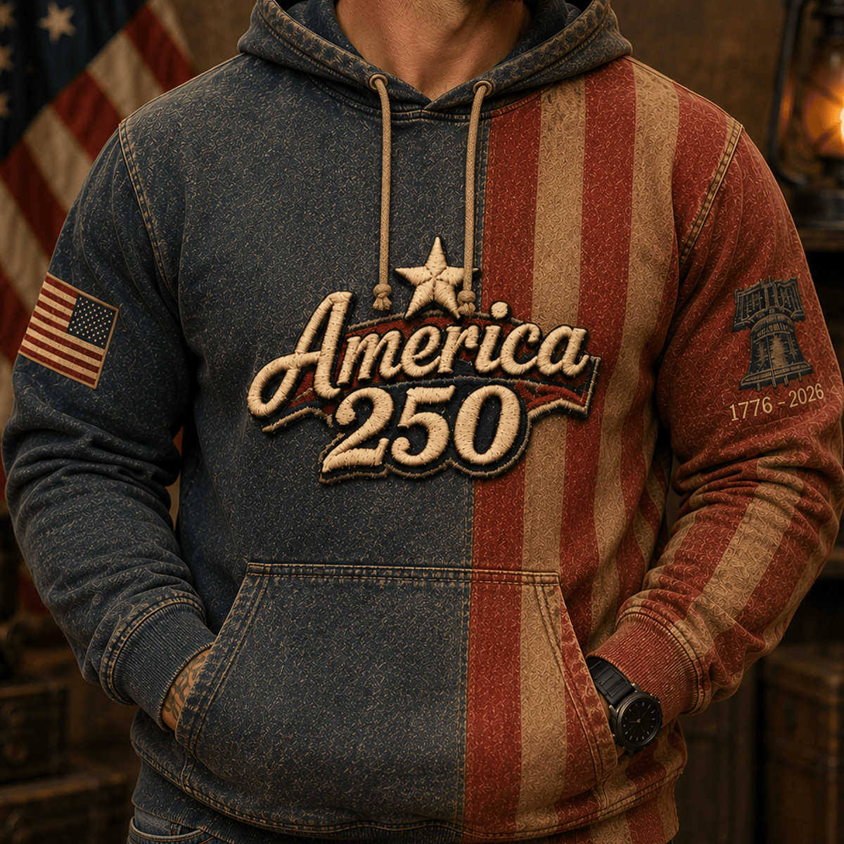 America 250 Printed Hoodie Patriotic USA 1776 2026 Anniversary American Flag Independence Day Gift for Men