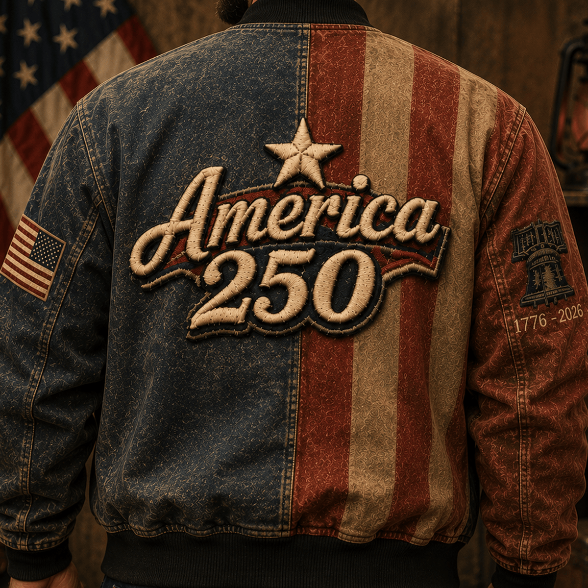 America 250 Printed Bomber Jacket Patriotic USA 1776 2026 Anniversary American Flag Independence Day Gift for Men