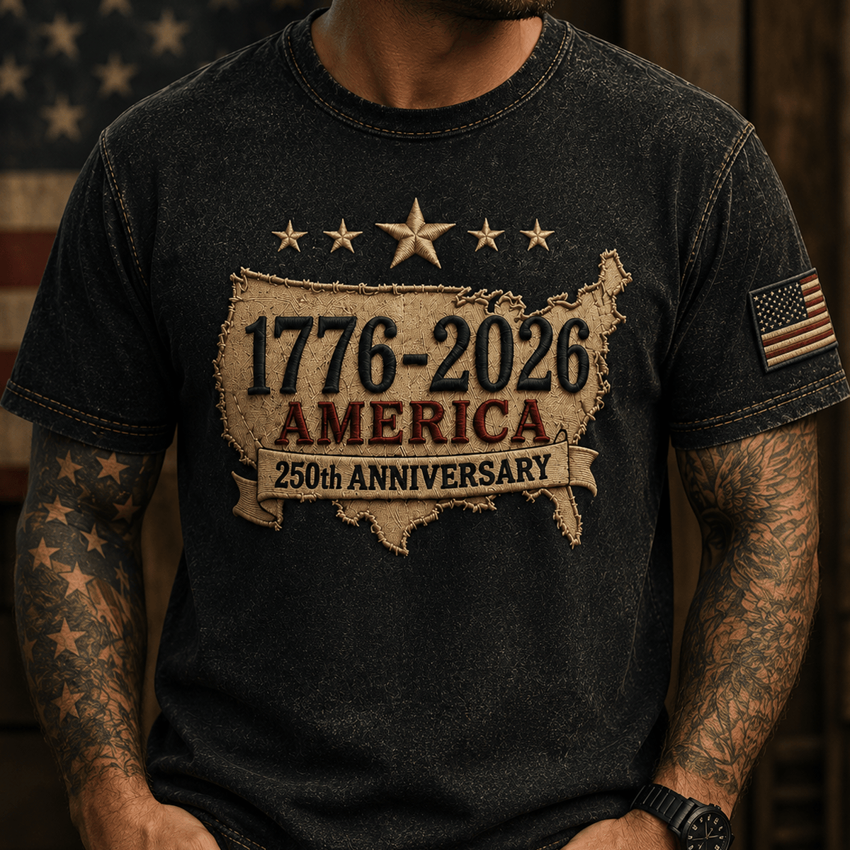 1776-2026 America 250th Anniversary Printed T Shirt Patriotic USA American Flag Independence Day Gift for Men
