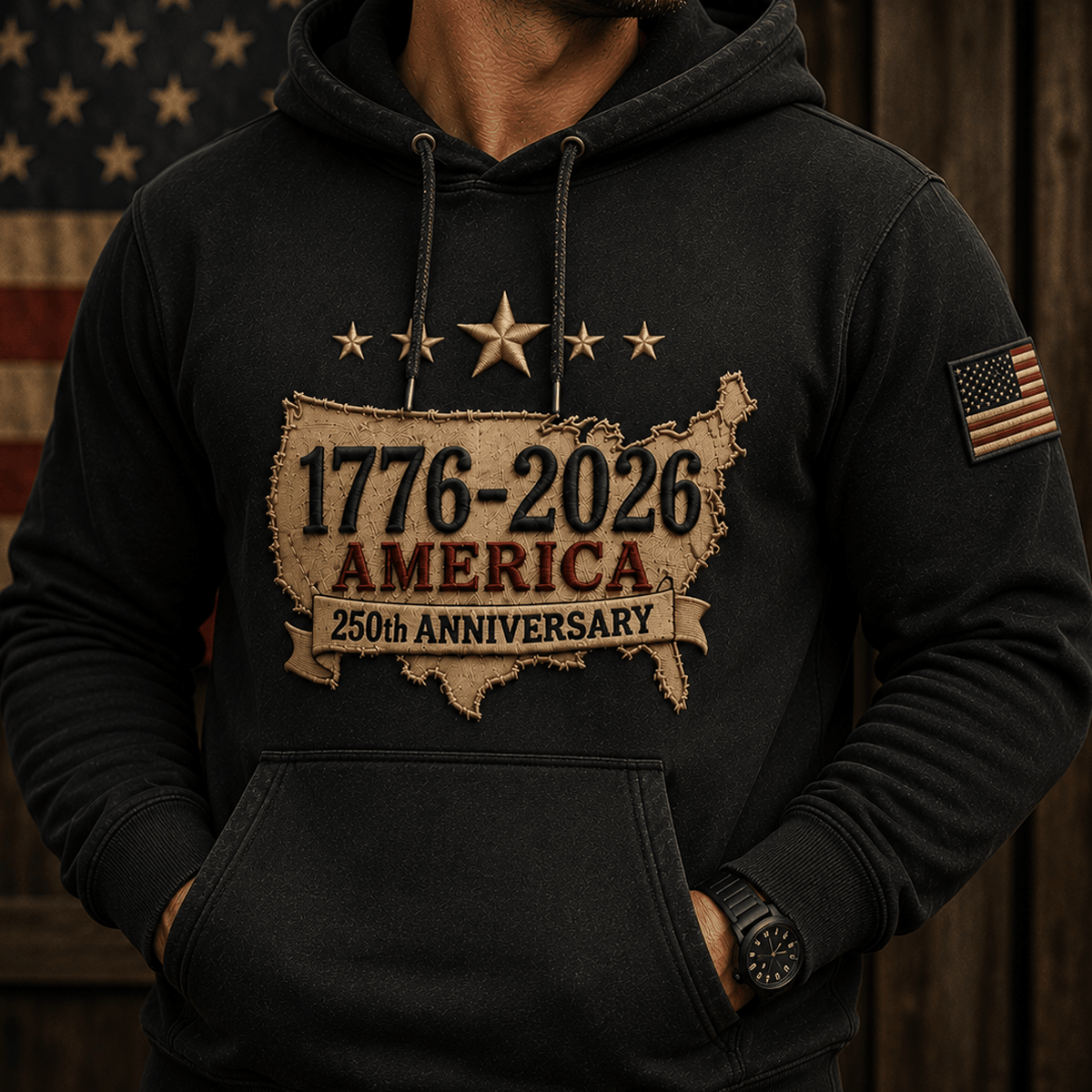 1776-2026 America 250th Anniversary Printed Hoodie Patriotic USA American Flag Independence Day Gift for Men