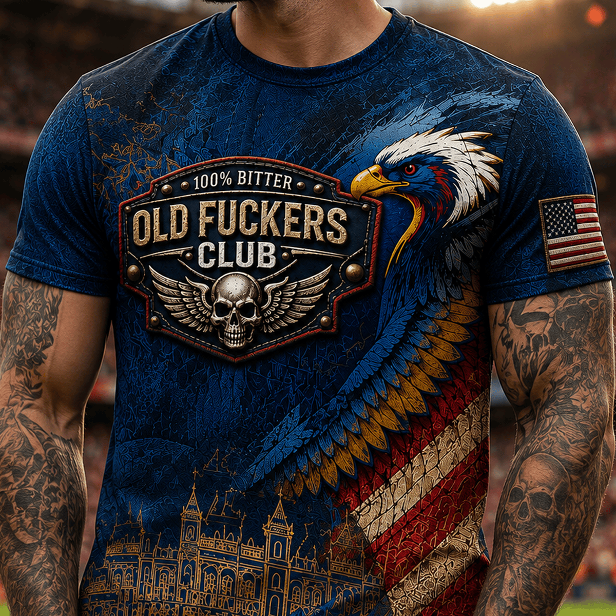 Old Fuckers Club Printed T Shirt Patriotic Eagle Skull American Flag Gift for Men Dad Grandpa