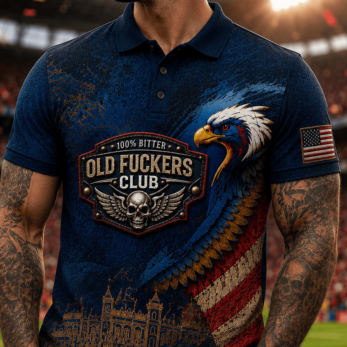 Old Fuckers Club Printed Polo Shirt Patriotic Eagle Skull American Flag Gift for Men Dad Grandpa