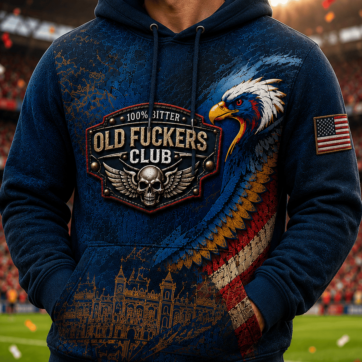 Old Fuckers Club Printed Hoodie Patriotic Eagle Skull American Flag Gift for Men Dad Grandpa