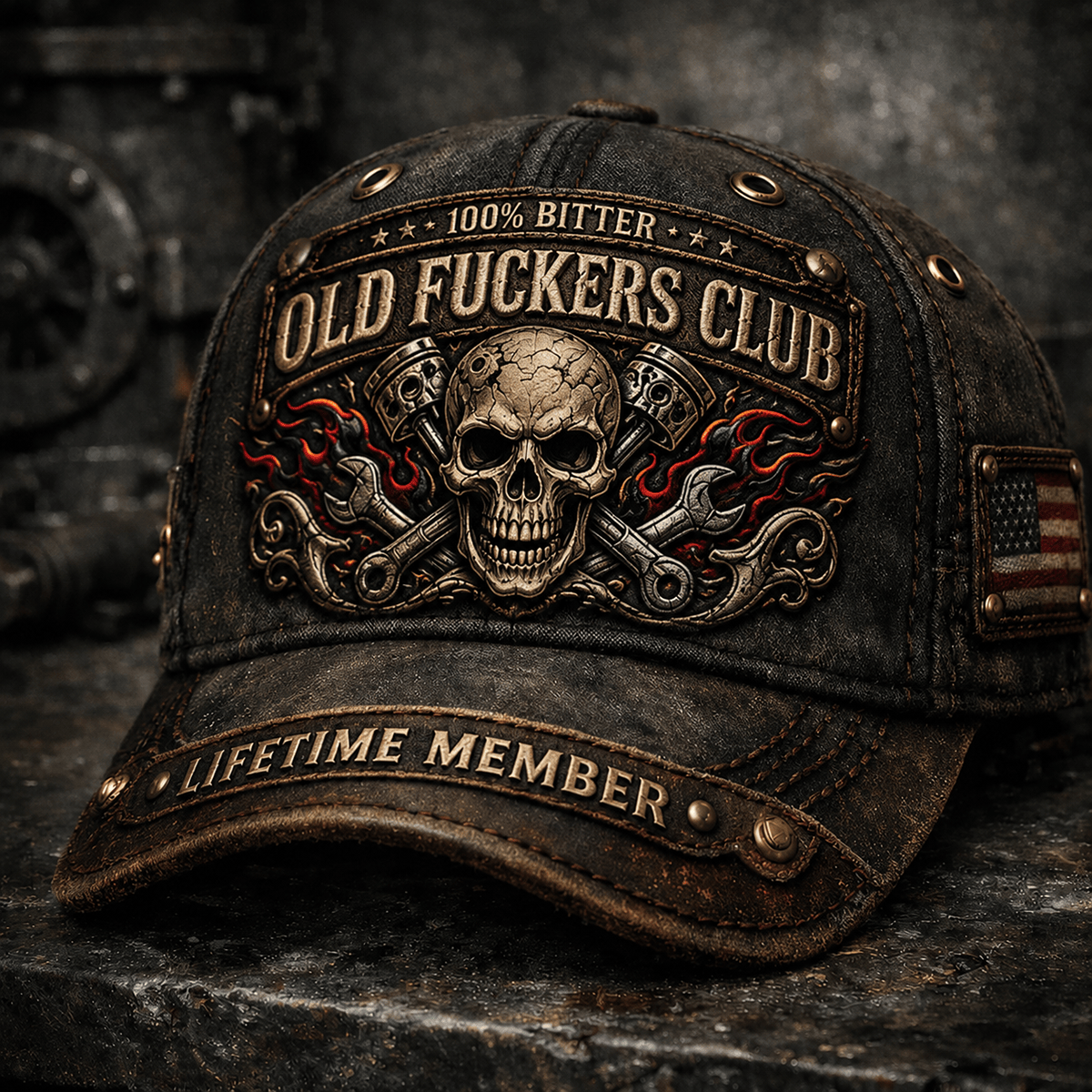 Old Fuckers Club Lifetime Member Printed Vintage Skull Mechanic Cap Patriotic Gift for Grandpa Dad Trucker Hat