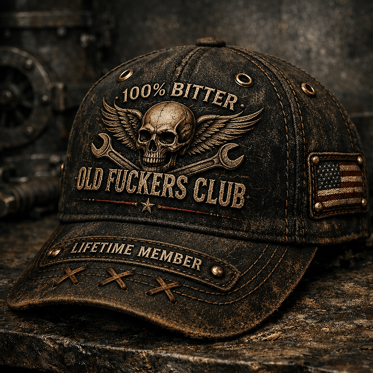 Bitter Old Fuckers Club Lifetime Member Printed Vintage Trucker Cap Skull Wings Wrench Patriotic Gift for Dad Grandpa