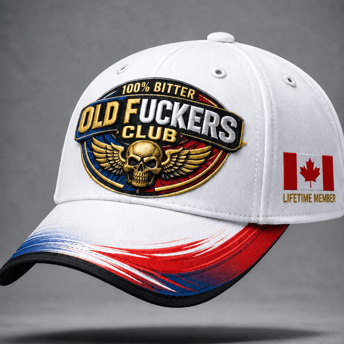 Bitter Old Fuckers Club Printed White Trucker Cap Skull Wings USA Canada Flag Gift for Dad Grandpa