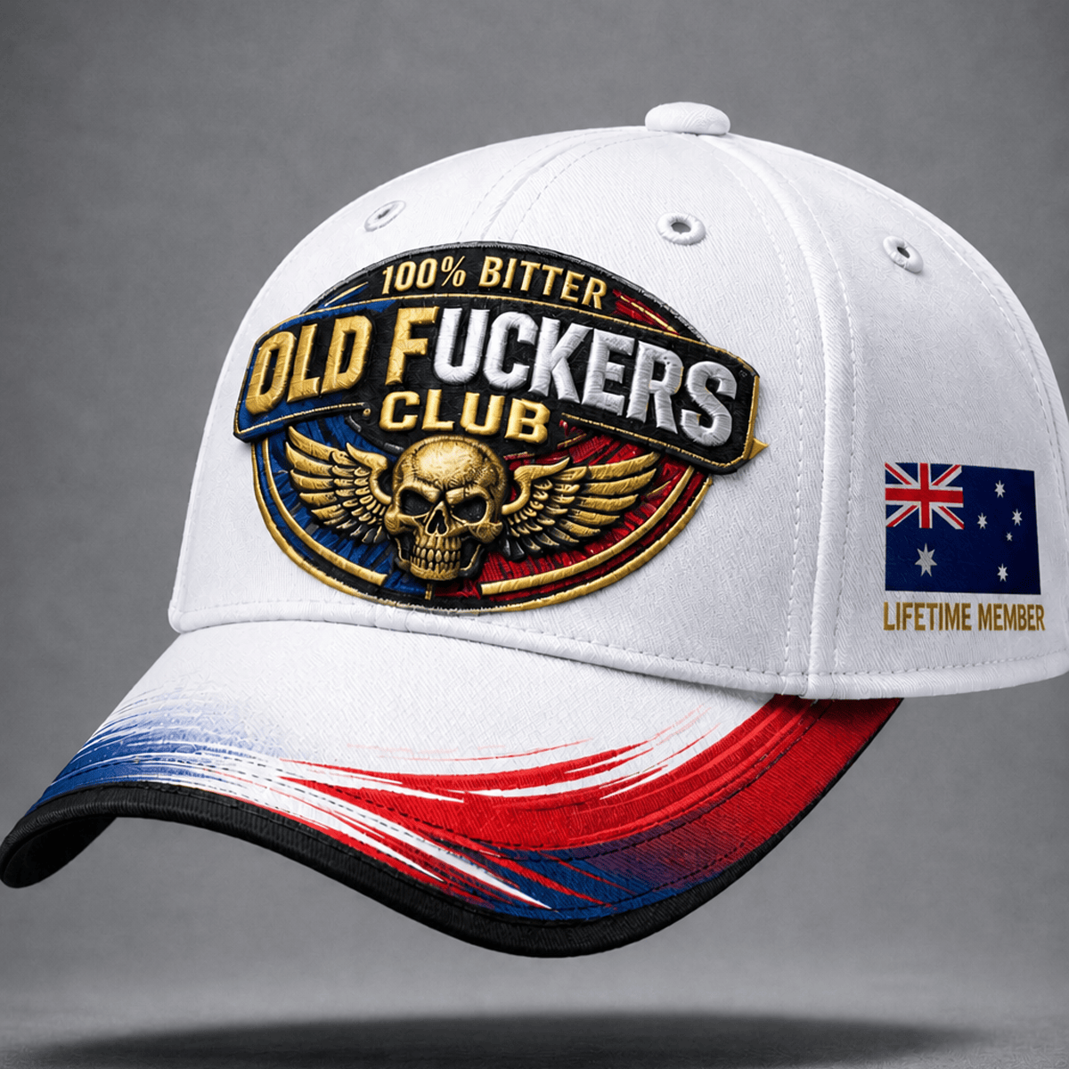 Bitter Old Fuckers Club Printed White Trucker Cap Skull Wings USA Australia Flag Gift for Dad Grandpa