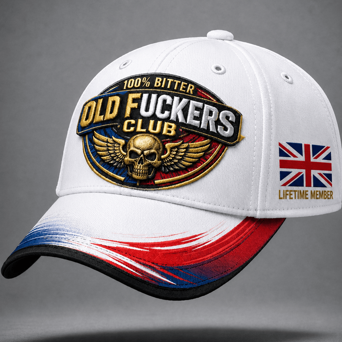 Bitter Old Fuckers Club Printed White Trucker Cap Skull Wings UK Flag Gift for Dad Grandpa