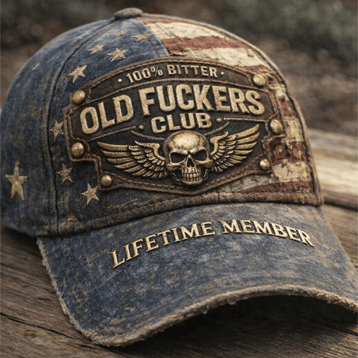 Bitter Old Fuckers Club Printed Vintage American Flag Cap Lifetime Member Skull Wings Gift for Dad Grandpa Veteran