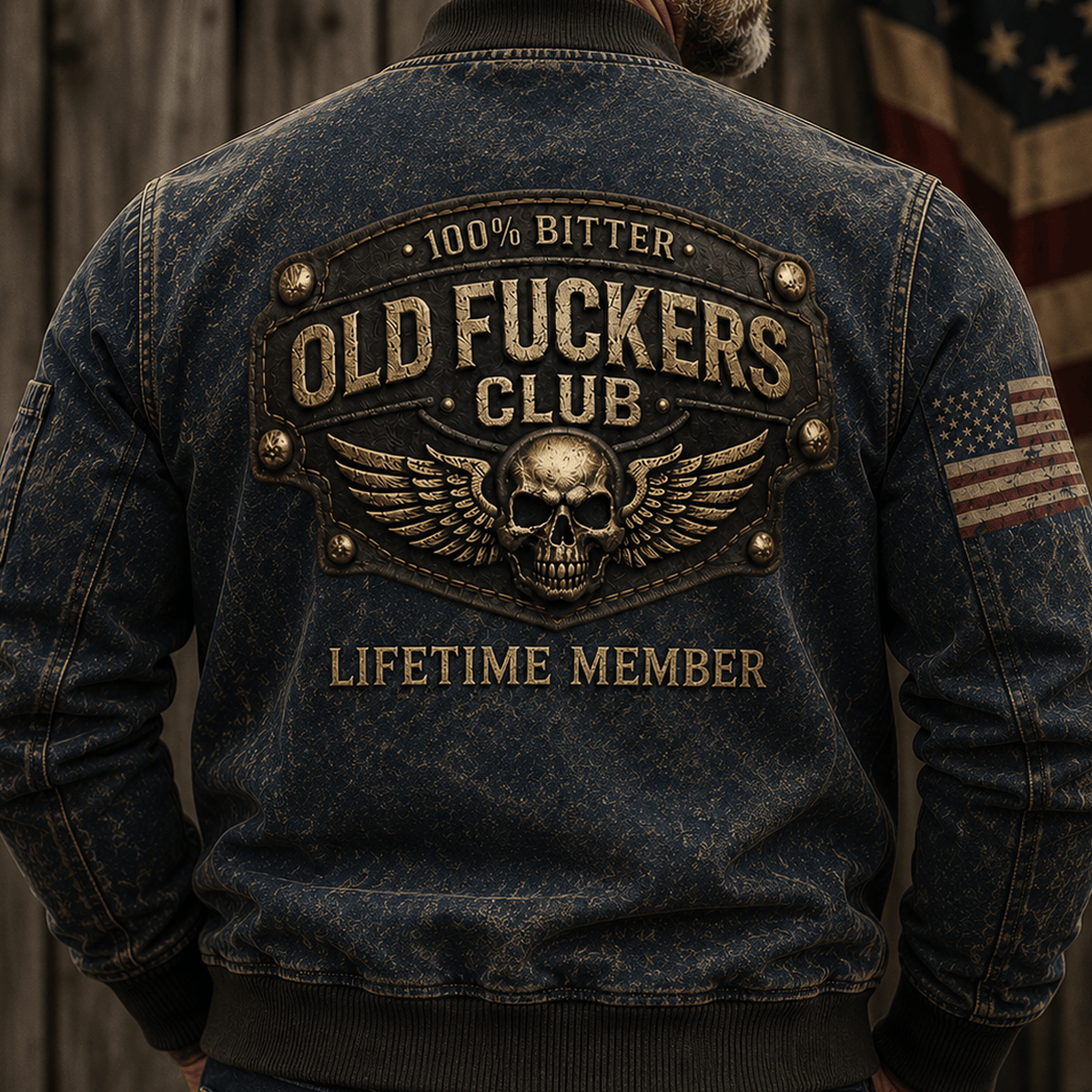 Bitter Old Fuckers Club Printed Vintage Bomber Jacket Lifetime Member Skull Wings Patriotic Gift for Dad Grandpa Veteran