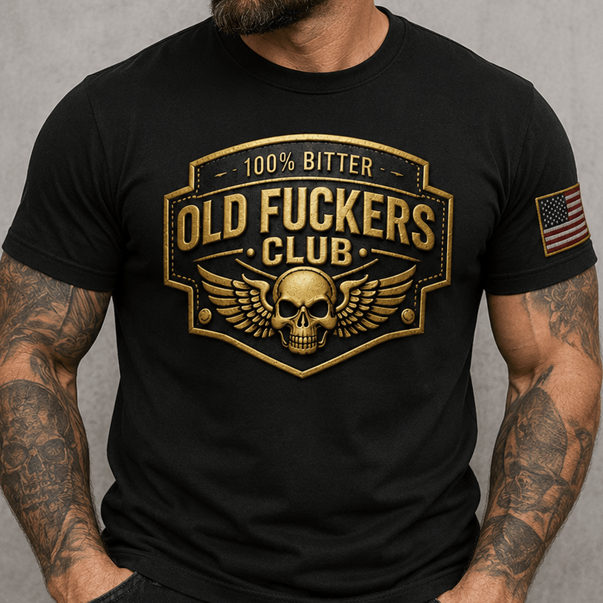 Bitter Old Fuckers Club Printed Skull Wings Black T Shirt Patriotic American Flag Gift for Dad Grandpa Veteran