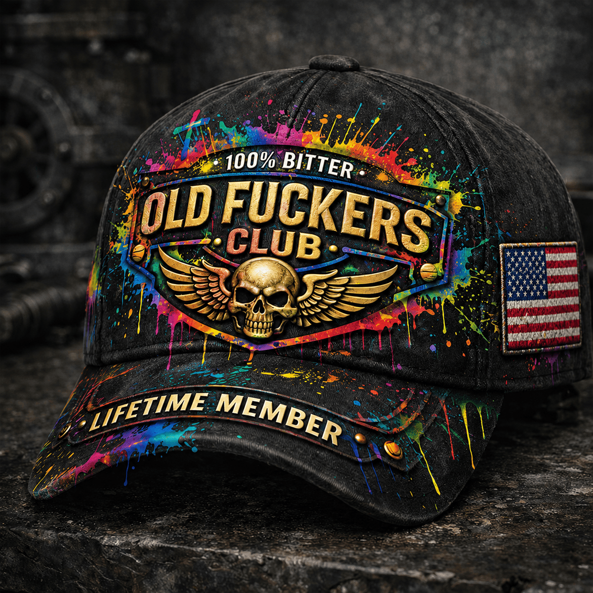 Bitter Old Fuckers Club Lifetime Member Printed Black Cap Patriotic Skull Wings American Flag Gift for Dad Grandpa Veteran