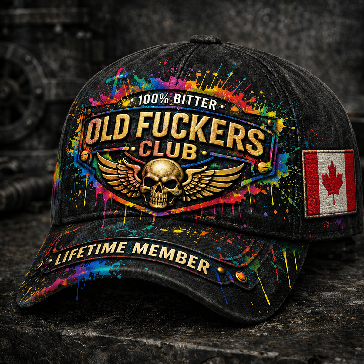 Bitter Old Fuckers Club Lifetime Member Printed Black Cap Skull Wings Canada Flag Gift for Dad Grandpa Veteran