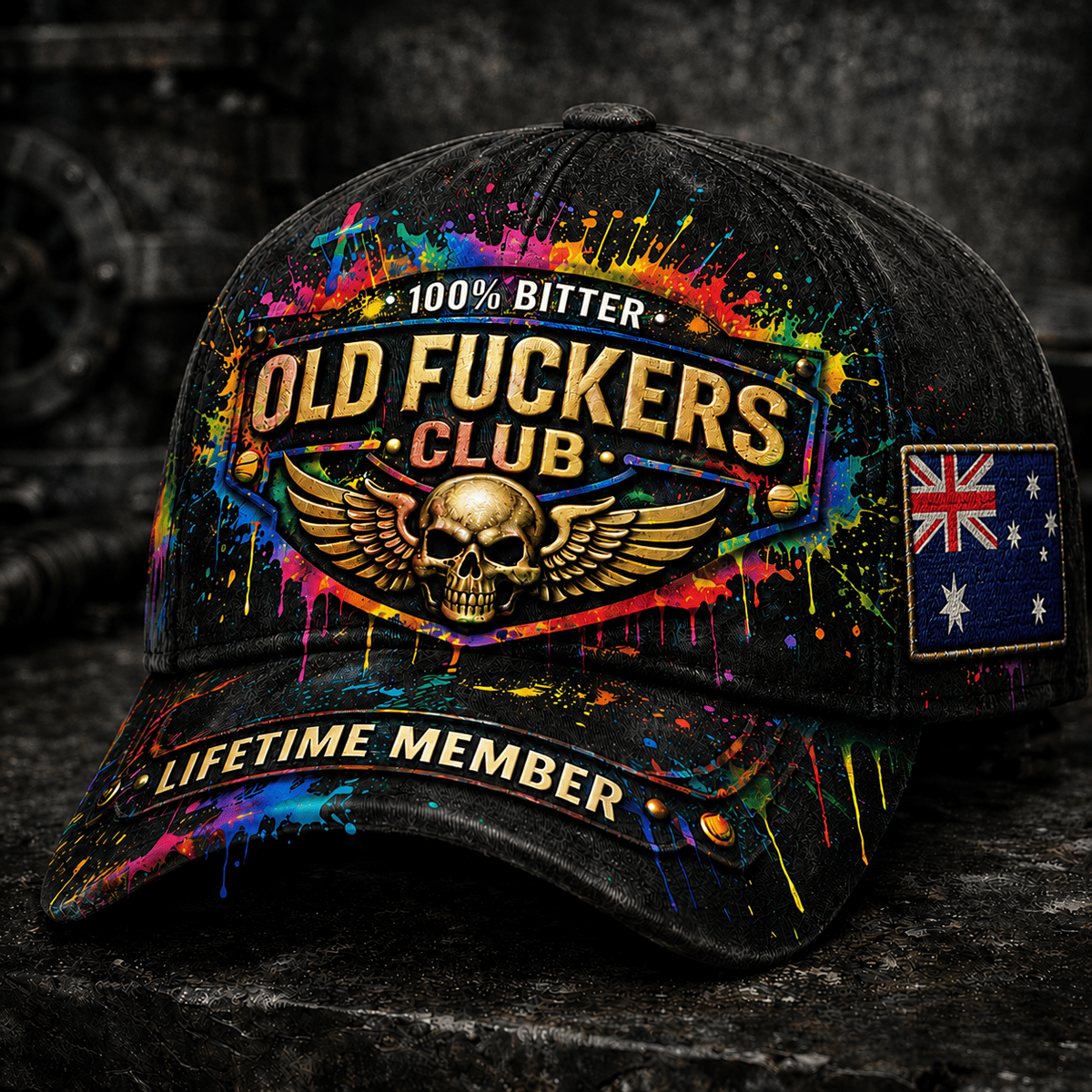 Bitter Old Fuckers Club Lifetime Member Printed Black Cap Skull Wings Australia Flag Gift for Dad Grandpa Veteran