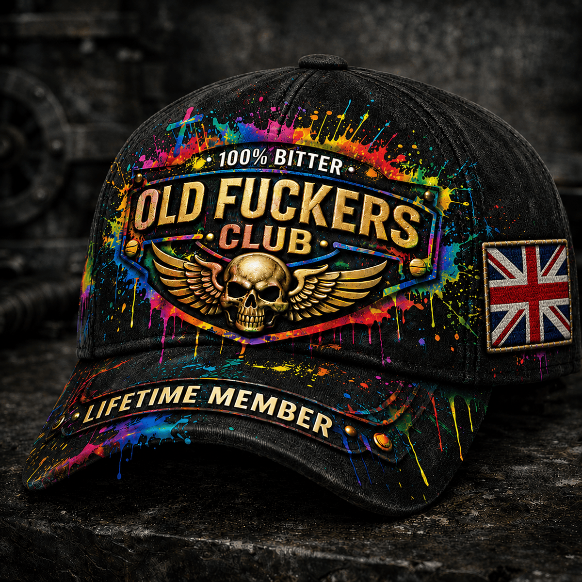 Bitter Old Fuckers Club Lifetime Member Printed Black Cap Skull Wings UK Flag Gift for Dad Grandpa Veteran