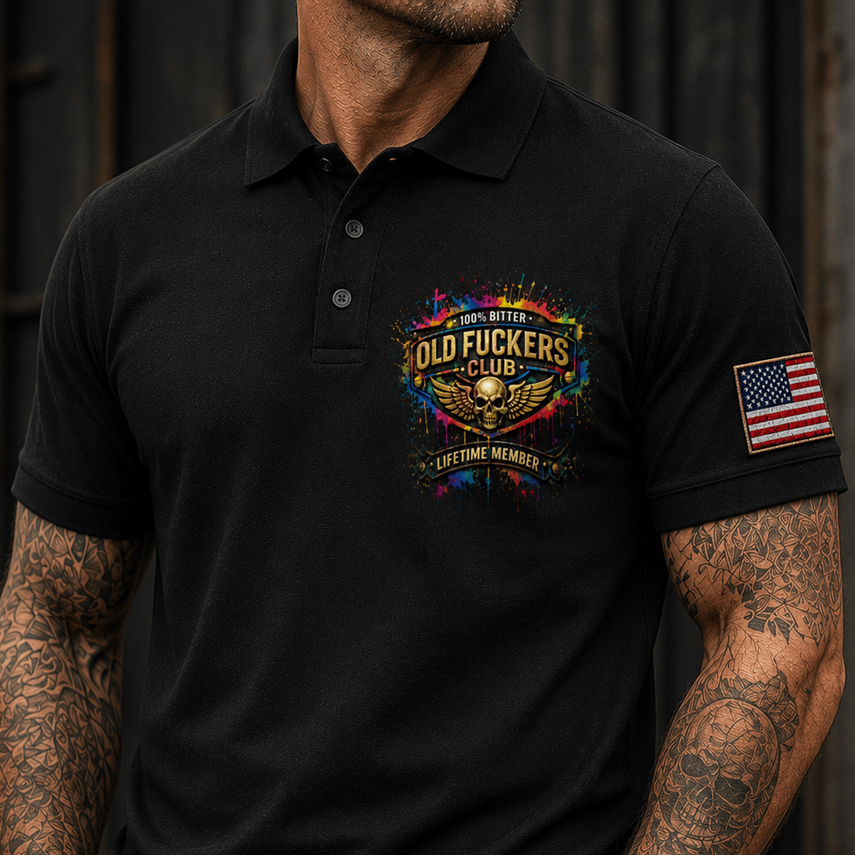 Bitter Old Fuckers Club Lifetime Member Printed Black Polo Shirt Patriotic Skull Wings American Flag Gift for Dad Grandpa Veteran