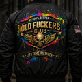 Bitter Old Fuckers Club Lifetime Member Printed Black Bomber Jacket Patriotic Skull Wings American Flag Gift for Dad Grandpa Veteran