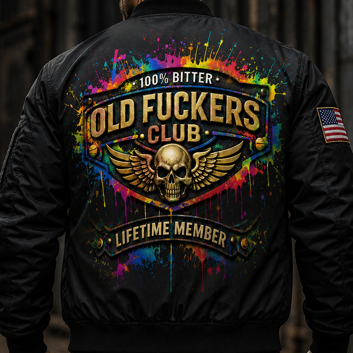Bitter Old Fuckers Club Lifetime Member Printed Black Bomber Jacket Patriotic Skull Wings American Flag Gift for Dad Grandpa Veteran