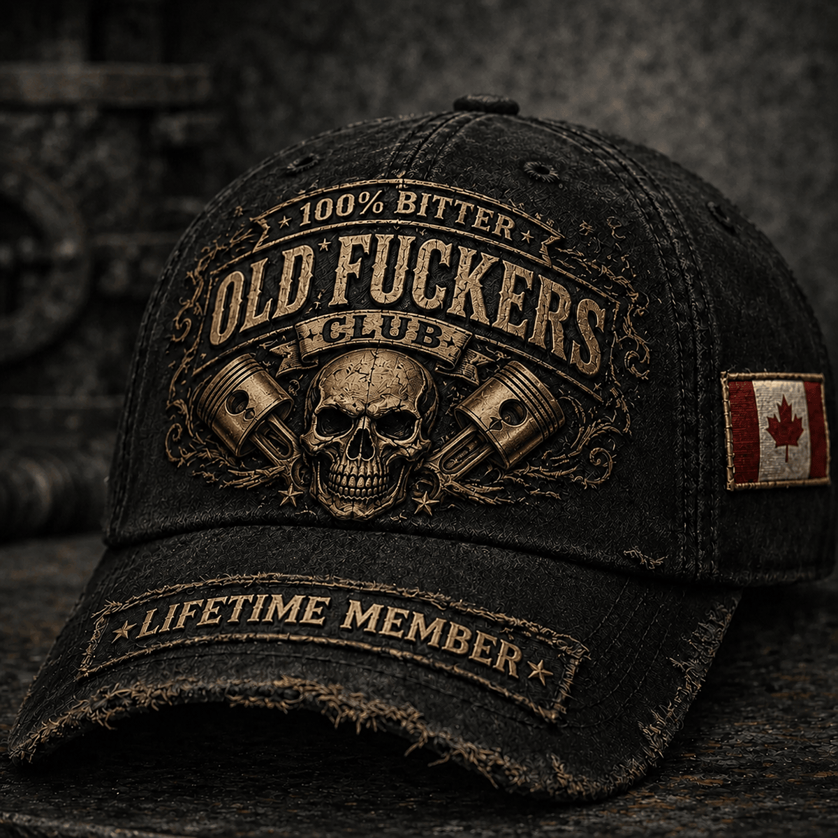 Old Fuckers Club Lifetime Member Printed Cap Skull Piston Mechanic Hat Gift for Dad Father's Day Birthday Gift for Men Canadian Flag Vintage Style