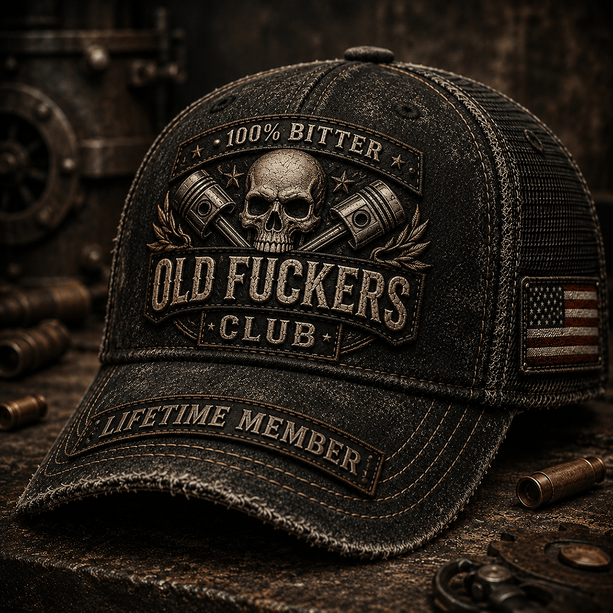 Bitter Old Fuckers Club Lifetime Member Printed Trucker Cap Skull Piston Mechanic Hat Gift for Dad Father's Day Birthday Gift for Men USA Flag