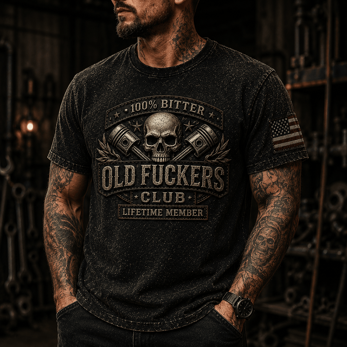 Bitter Old Fuckers Club Lifetime Member Printed T Shirt Skull Piston Mechanic Tee Gift for Dad Father's Day Birthday Gift for Men USA Flag