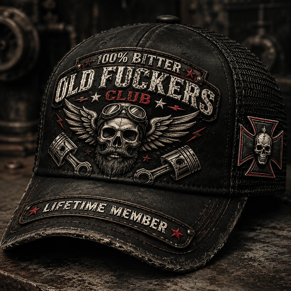 Bitter Old Fuckers Club Lifetime Member Printed Trucker Cap Skull Piston Biker Hat Gift for Dad Father's Day Birthday Gift for Men Vintage