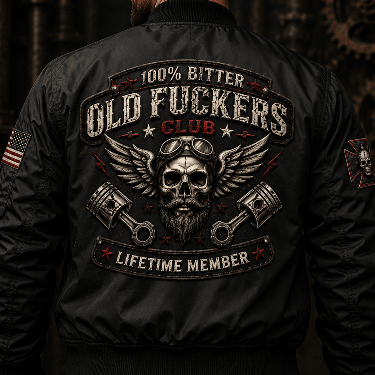 Bitter Old Fuckers Club Lifetime Member Printed Bomber Jacket Skull Piston Biker Gift for Dad Father's Day Birthday Gift for Men Vintage