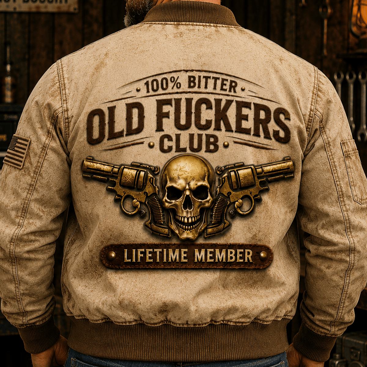 Bitter Old Fuckers Club Lifetime Member Printed Bomber Jacket Skull Revolver Graphic Gift for Dad Father's Day Birthday Gift for Men Vintage Style